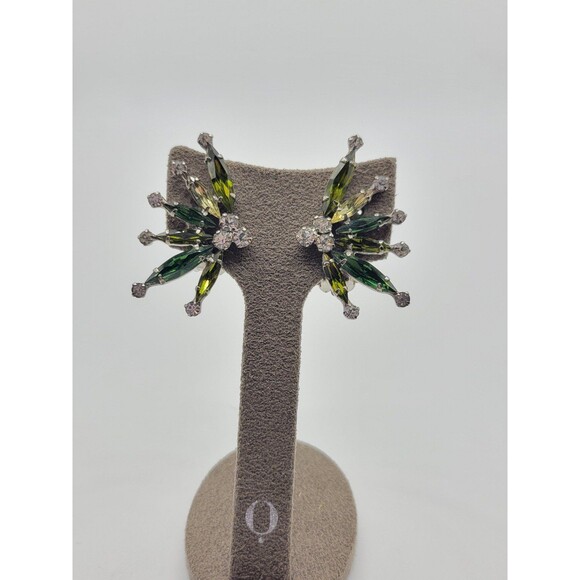 Vintage light Green and dark green rhinestone made in Austria clip on earrings